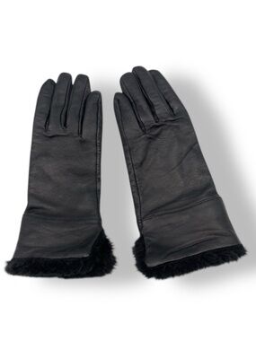 Ann Taylor LOFT Black Leather Faux Fur Lined Gloves Size Small